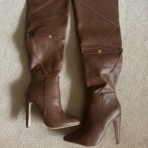 Shoe Dazzle Elegant Brown Over the Knee Boots